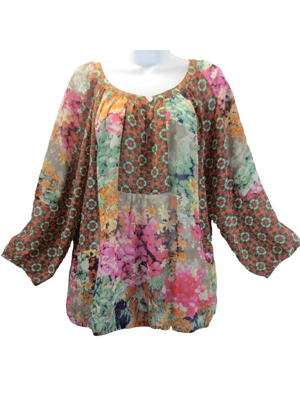 Fig and Flower Anthropologie Women L Colorful Sheer Floral Boho Hippie Tunic Top